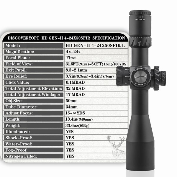 DISCOVERYOPT HD GEN II 4-24X50SFIR FFP L 1/10MIL Oldalparallaxos céltávcső